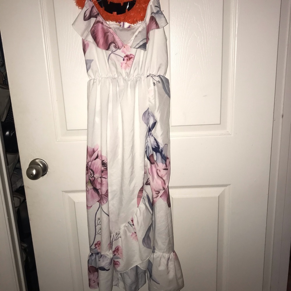 White long flowy dress with floral print